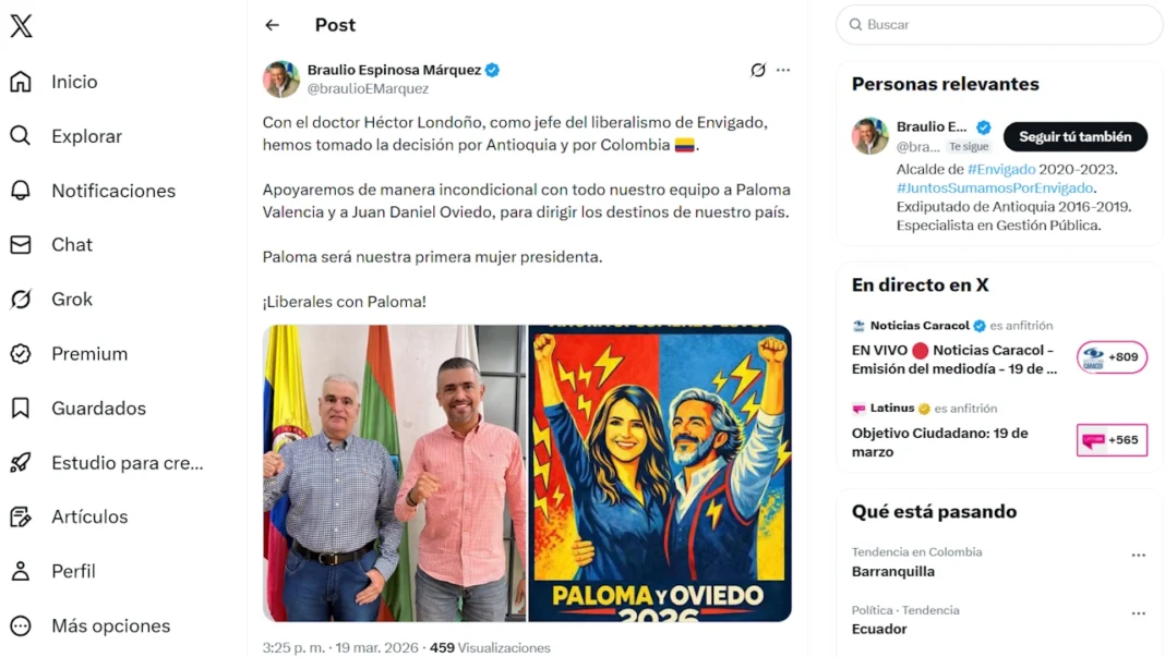 LIBERALISMO DE ENVIGADO SE MUEVE: MATIZ DE HÉCTOR LONDOÑO ADHIERE A CAMPAÑA DE PALOMA VALENCIA Y OVIEDO